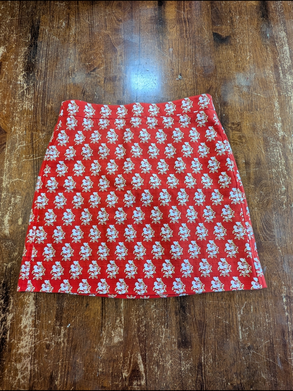 J. Crew Stretch Grasscloth Mini Skirt Size 4 Orange Floral Lined Cotton Casual